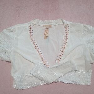 Andrew & Co White Lace Blouse with Pink Accents